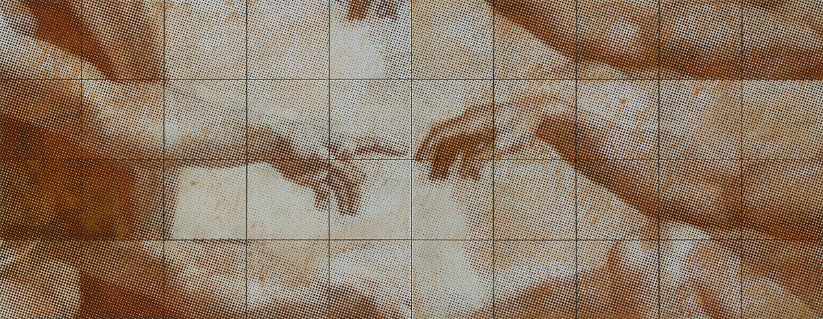 Cartellino Kichang Choi, Creation of God, 2020_ Silkscreen on oxidized steel plate, 70 x 180 cm