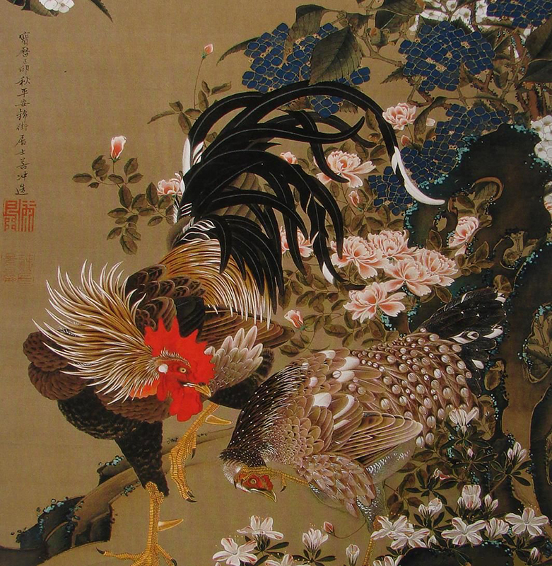Cartellino Rooster and Hen with Hydrangeas