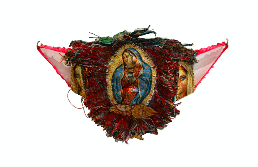 Fermina Daza 7.5 x 12 in facemask of religious tapestry and the artist’s thong lingerie 2020 Cartellino